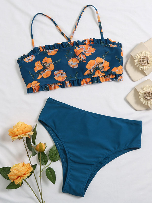 Bandeau-Bikini-Badeanzug mit Schlitz und Blumenmuster in Farbblock-Optik 