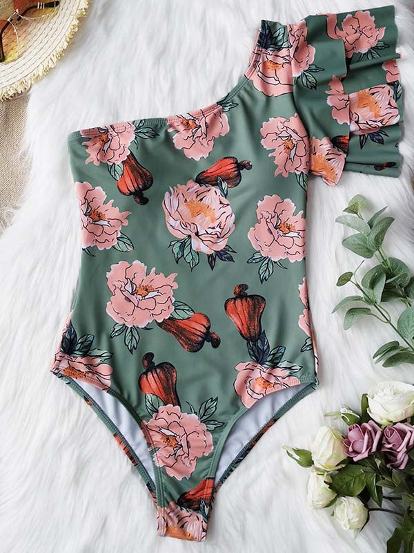 One-Shoulder Floral One-Piece Swimsuit