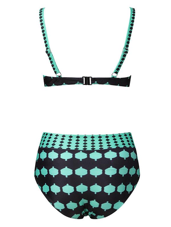 Vintage Print Polka-Dot Crossed Split Bikini Swimsuit