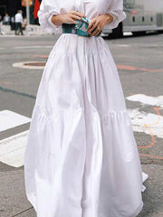 Long Sleeves Loose Belted Pleated Solid Color Lapel Maxi Dresses