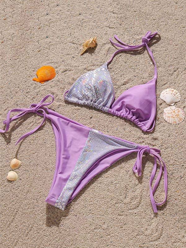 Halterneck Sequined Split-Joint Triangles Bikini Swimwear