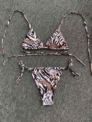 Tiger Pattern Triangles Bandage Split Bikini Swimsuit