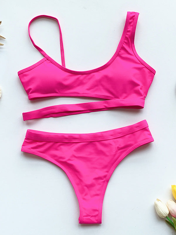 Solid Color Asymmetric Cropped Split Bikini Swimsuit