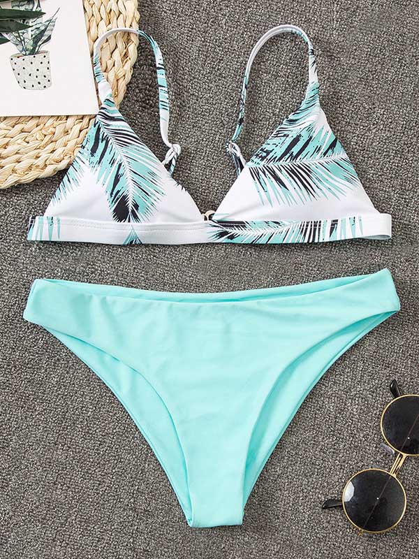 Floral-Print Color-Block Triangles Split Bikini Swimsuit