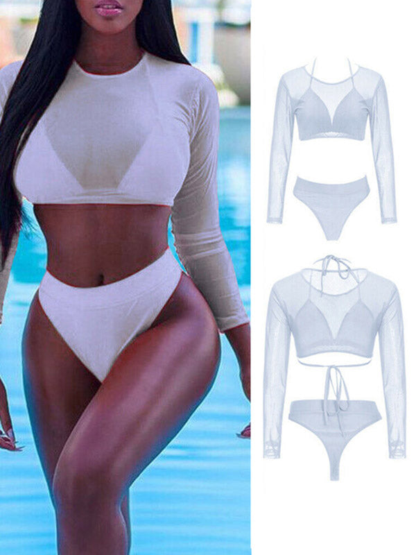 Solid Color Triangles +Long Sleeve Wetsuit Three-Piece Set