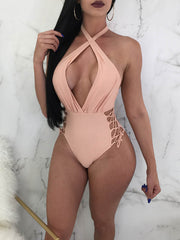 Solid Color Bandage Hollow Deep V-Neck One-Piece Swimwear