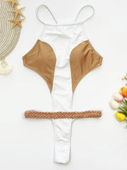 Solid Color Split-Joint Belted Halterneck One-Piece Swimwear