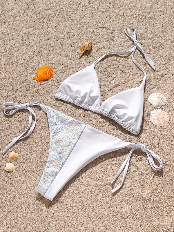 Halterneck Sequined Split-Joint Triangles Bikini Swimwear