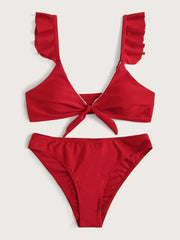 Ruffled Knotted Solid Color Split Bikini Swimsuit