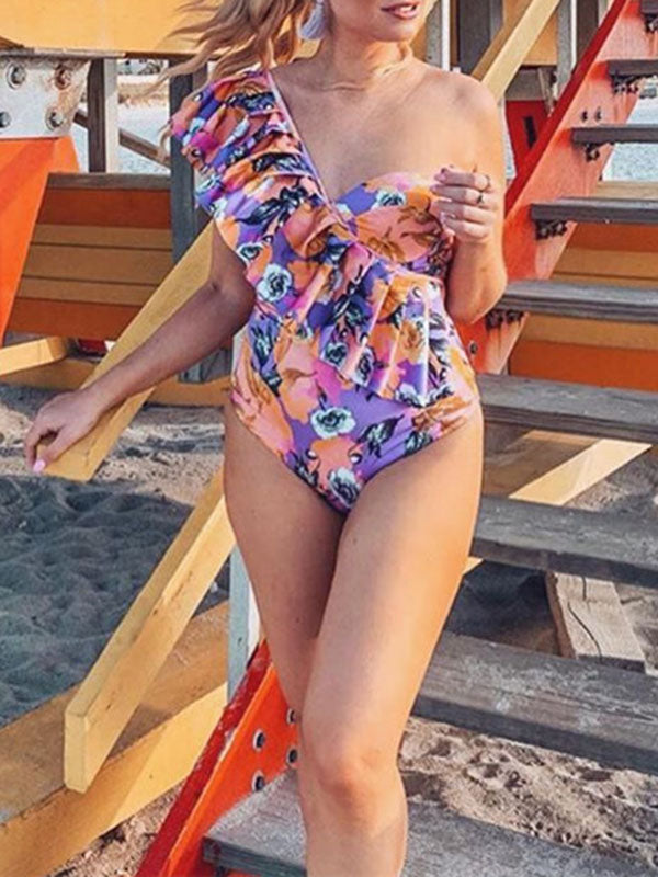 Fashion Floral One-Shoulder Falbala One-Piece Swimwear