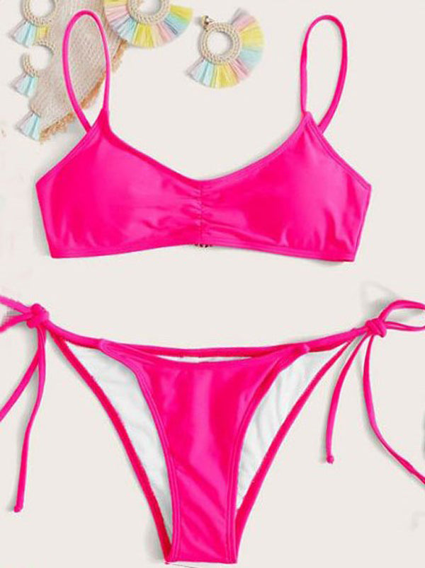 Solid Color Bandage Knotted Split Bikini Swimsuit