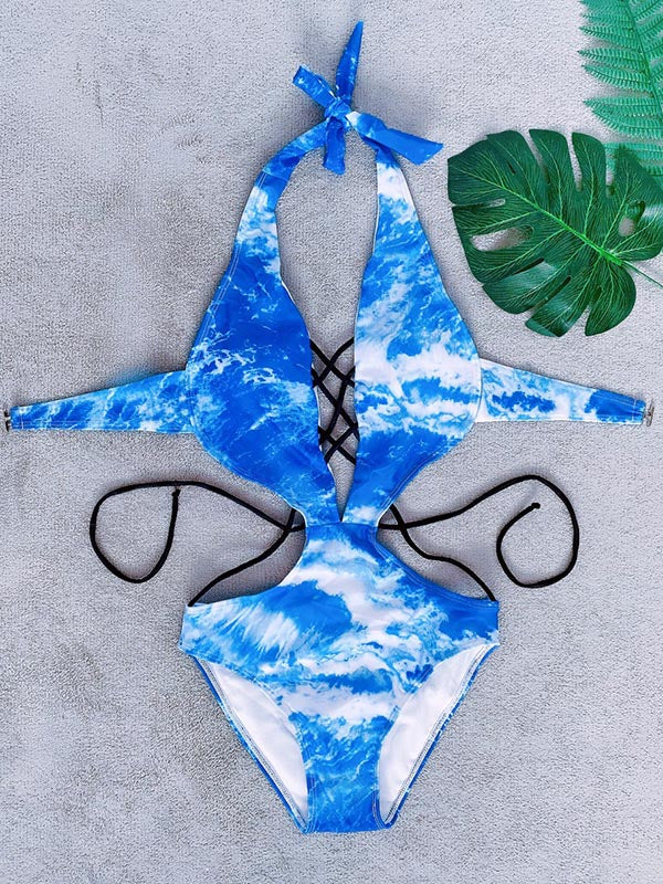 Gradient Printed Bandage Backless One-Piece Swimwear