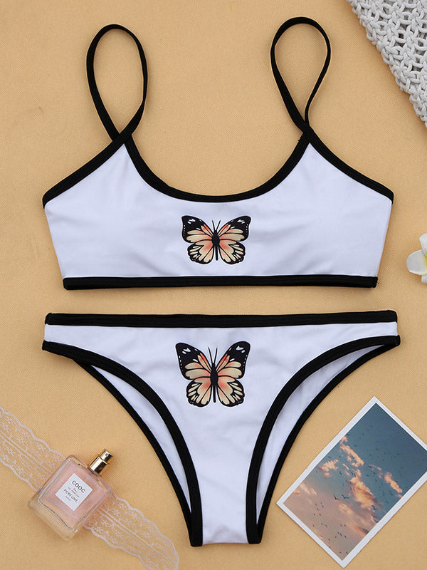 Butterfly Pattern Contrast Color Spaghetti-Neck U-Neck Split Bikini Swimsuit