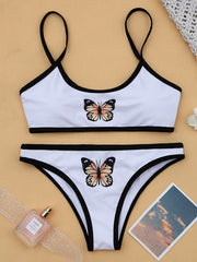 Butterfly Pattern Contrast Color Spaghetti-Neck U-Neck Split Bikini Swimsuit