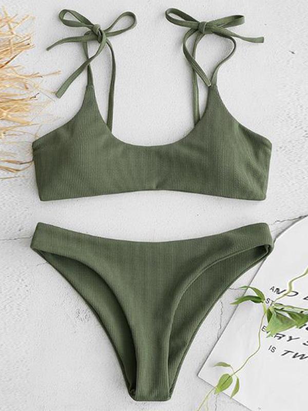 Solid Color Bandage Spaghetti-Neck Split Bikini Swimsuit