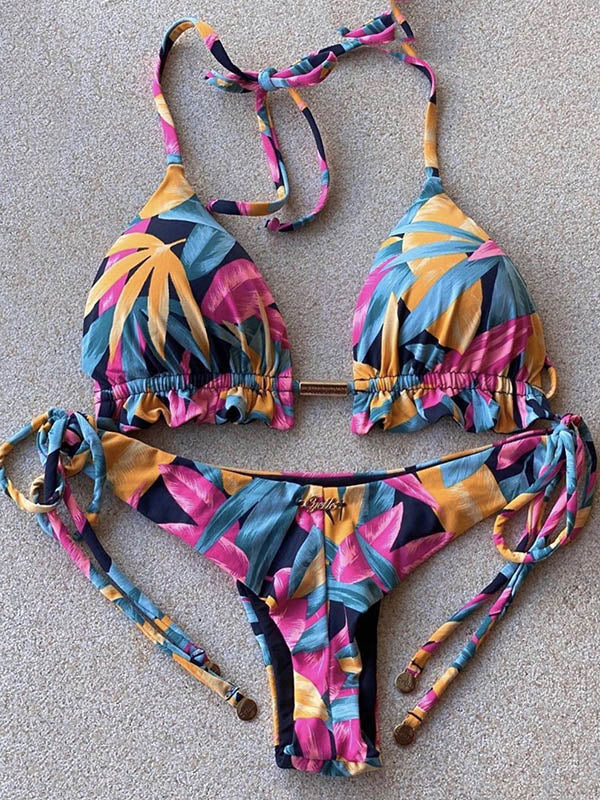 Bikini-Badeanzug mit Blumenmuster, Rüschen, Bandage, Dreiecken und Schlitz 