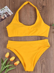 Solid Color Halterneck Bandage Split Bikini Swimsuit