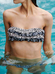 Leopard Print Tiered Ruffled Bandeau Split Bikini Swimsuit