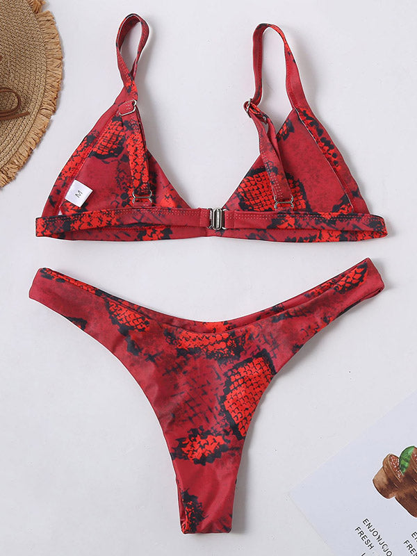 Snake-Print Triangles Split Bikini Swimsuit