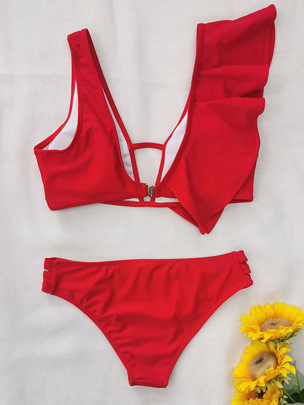 Floral Falbala Asymmetric Bikini Swimsuit