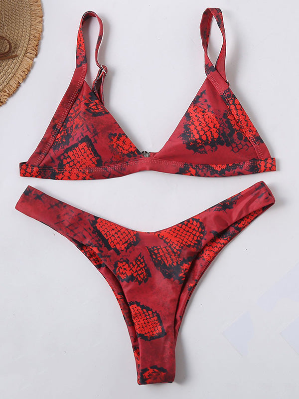 Snake-Print Triangles Split Bikini Swimsuit