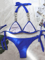 Gorgeous Embellished High-Neck Triangles Tie Side Bikini Swimwear