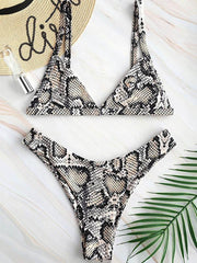 Snake-Print Backless Triangles Split Bikini Swimsuit