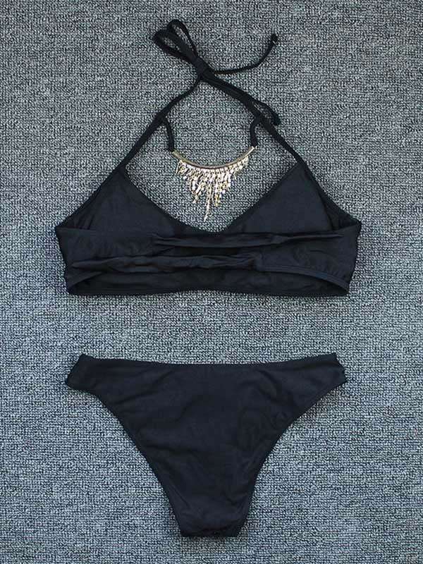 Gorgeous Embellished Solid Color Halterneck Split Bikini Swimsuit