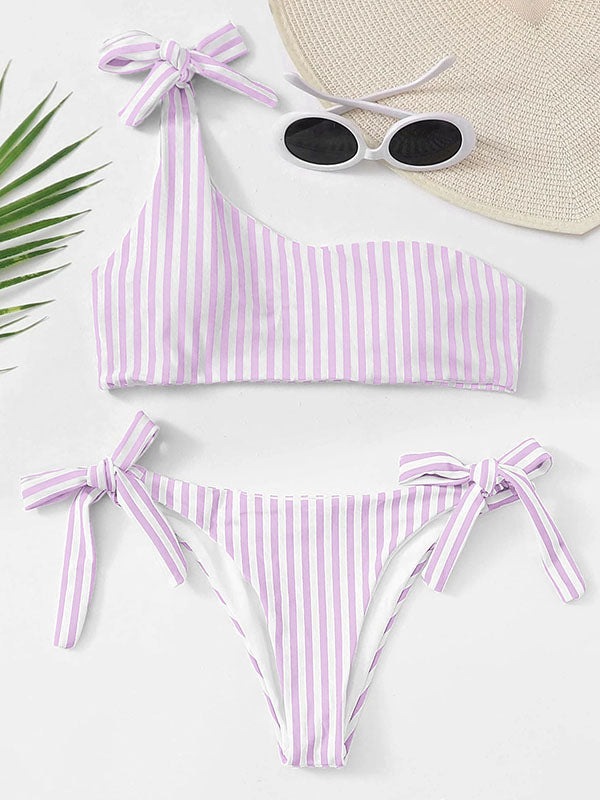 Striped One-Shoulder Knotted Split Bikini Swimsuit