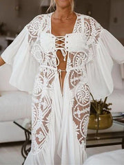 See-Through Split-Joint Embroidered Falbala Tunicshang Cover-Ups