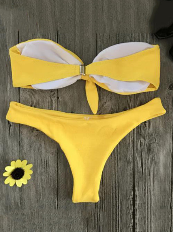 Solid Color Knotted Bandeau Split Bikini Swimsuit