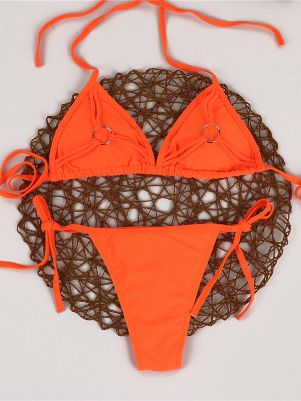 Solid Color Circle Embellished Triangles Split Bikini Swimsuit