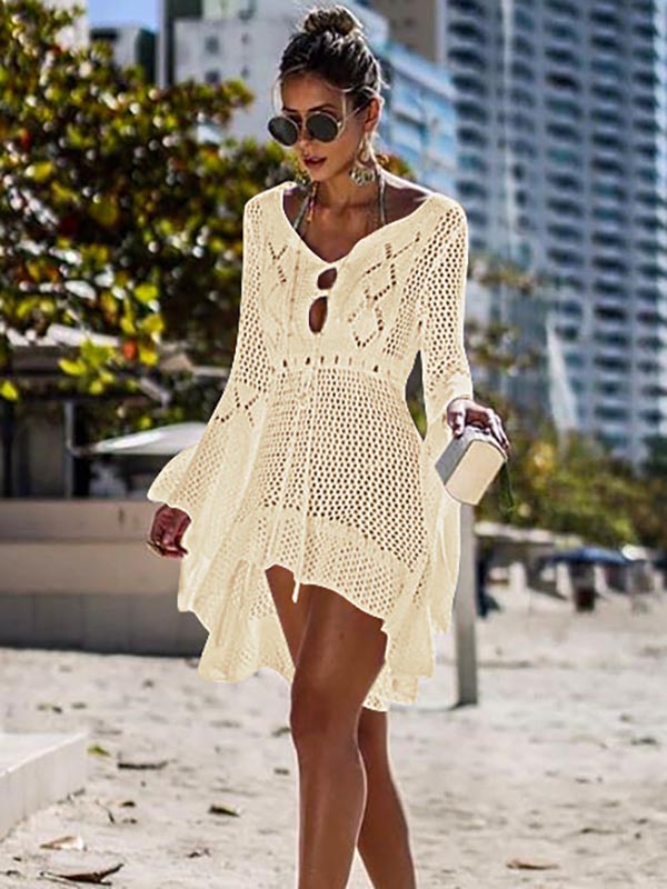 Flared Sleeves Crochet Swimwear Cover-Ups