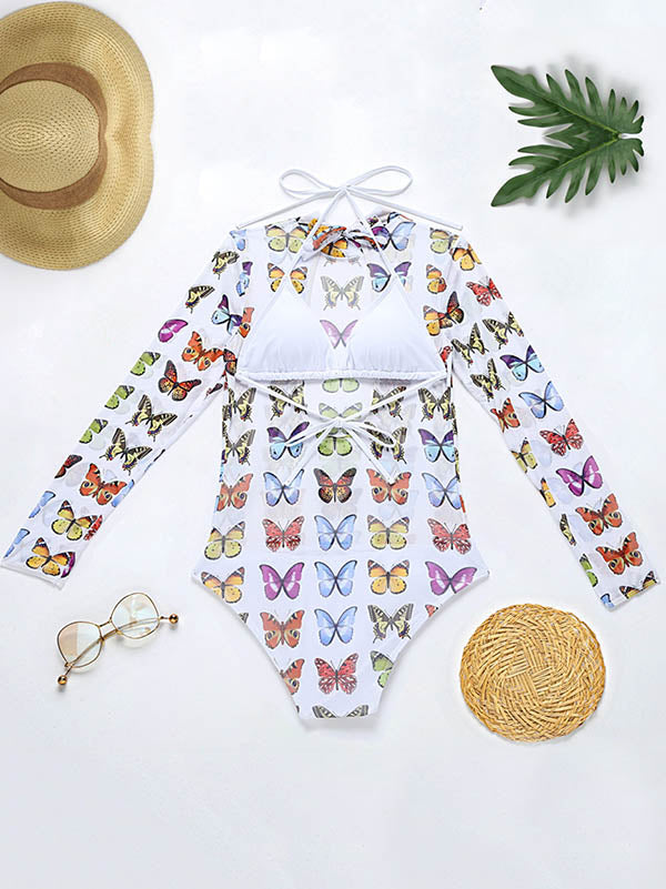 Long Sleeve Mesh Floral-Print Backless One-Piece Swimwear