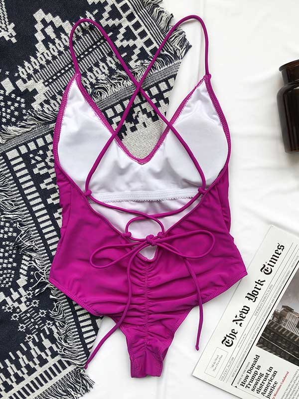 Solid Color V-Neck Backless Bandage Split Bikini Swimsuit