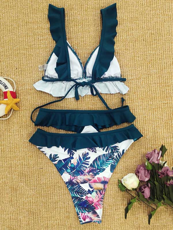 Falbala Floral Printed  Lace-Up Bikini Swimsuit