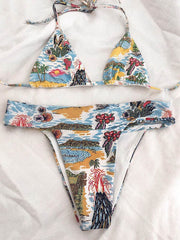 Floral-Print Triangles Bandage Split Bikini Swimsuit