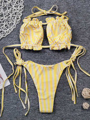 Striped Pleated Backless Bandeau Tie Side Bikini Swimwear