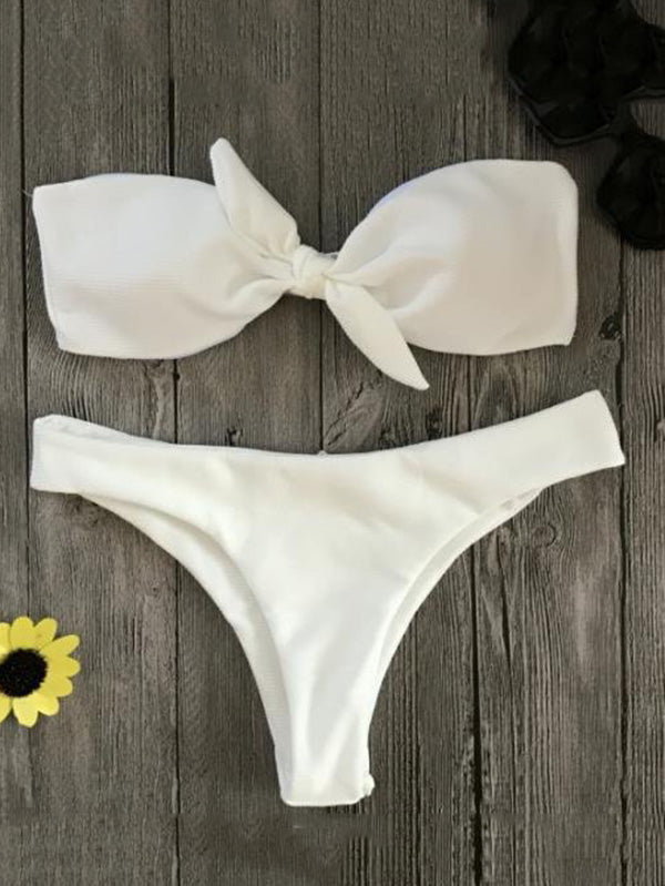 Solid Color Knotted Bandeau Split Bikini Swimsuit