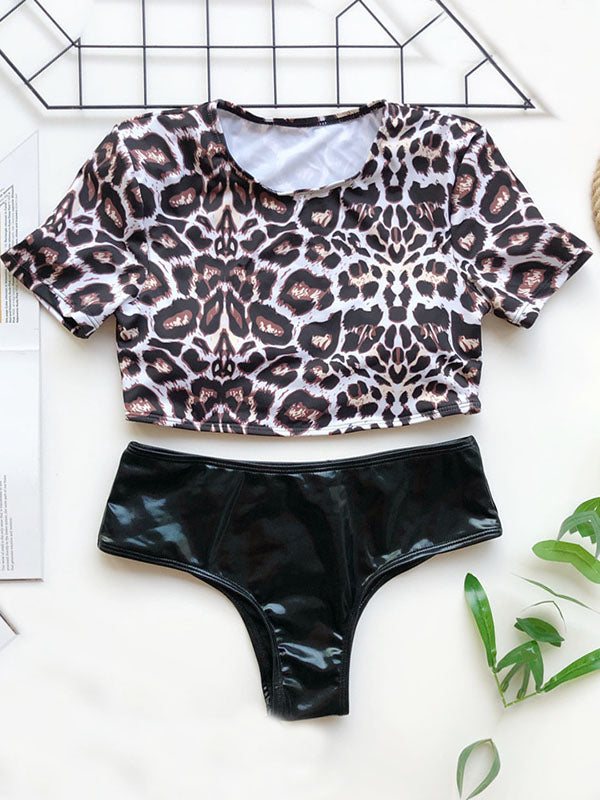 Leopard Print Color-Block Short Sleeve Split Bikini Swimsuit