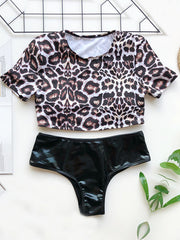 Leopard Print Color-Block Short Sleeve Split Bikini Swimsuit