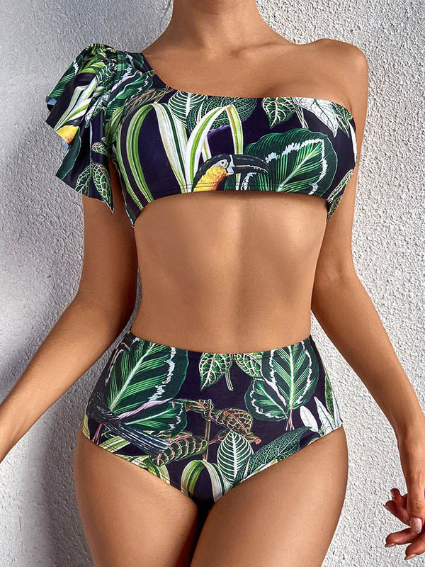 One-Shoulder Falbala Bandeau High-Waisted Bikini Swimwear