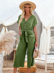 Schwarzer Jumpsuit mit Knöpfen und Knoten, weit, für den Sommer, einteiliges Outfit 