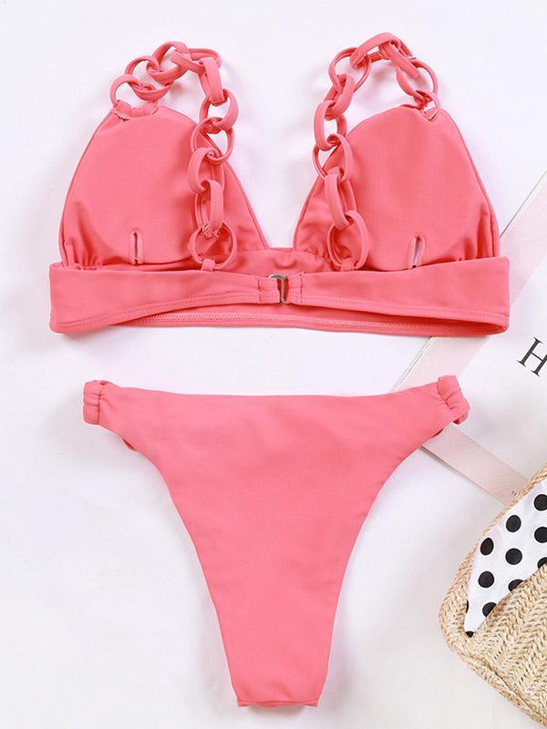 Solid Color Braided Triangles Split Bikini Swimsuit