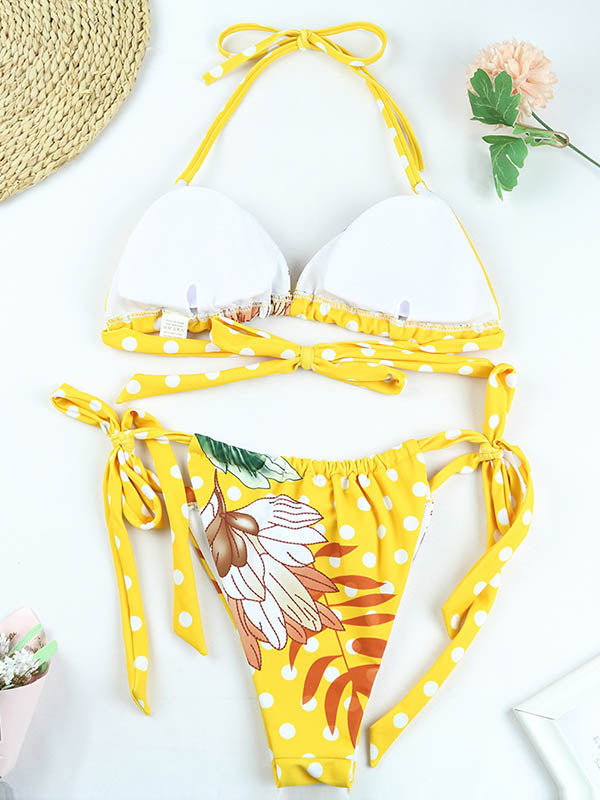 Halterneck Floral Printed Padded Triangles Tie Side Bikini Swimwear