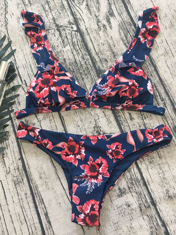 Floral Print Falbala Split Bikini Swimsuit