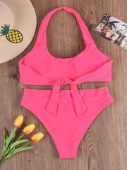 Solid Color Halterneck Bandage Split Bikini Swimsuit