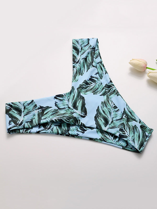 Leaf Print Knotted Backless Split Bikini Swimsuit