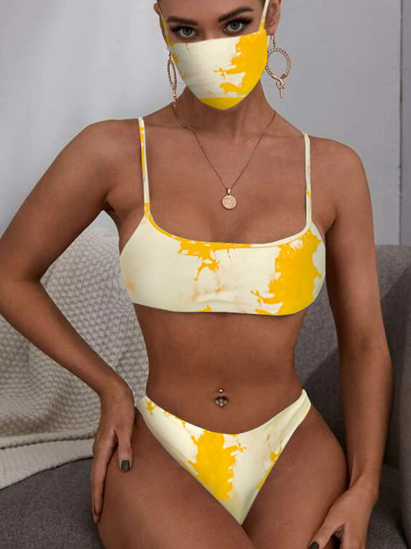 Batik-Bikini-Badeanzug mit Spaghetti-Ausschnitt und Farbverlauf + Maske 