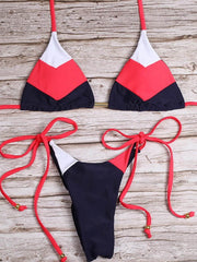 Contrast Color Split-Joint Triangles Bandage Split Bikini Swimsuit